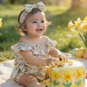 Floral Ruffle Baby Bodysuit with Headband Easter romper outfit with bunny ears